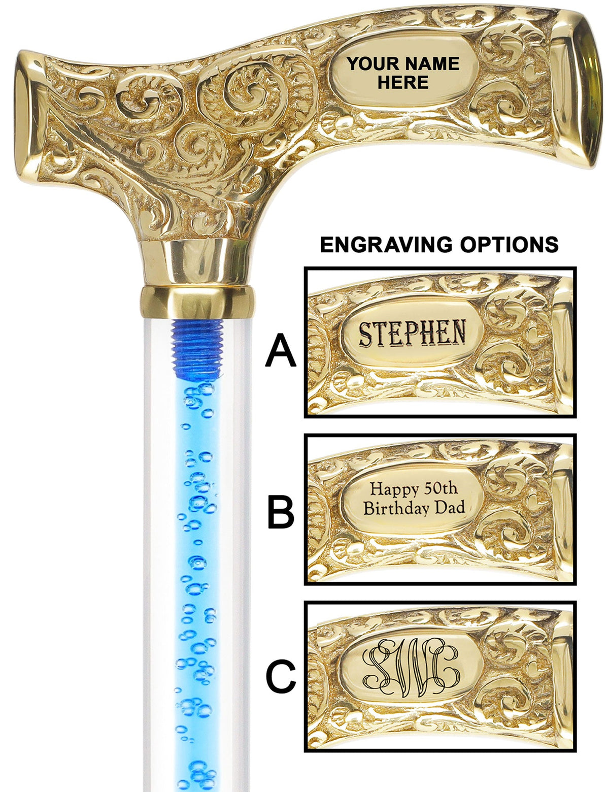 Make It Yours: Color Invisible Clear Shaft w/ Premium Brass Cane Ocean Blue Bubbles Clear Lucite Walking Canes - Tophatter Daily Deals