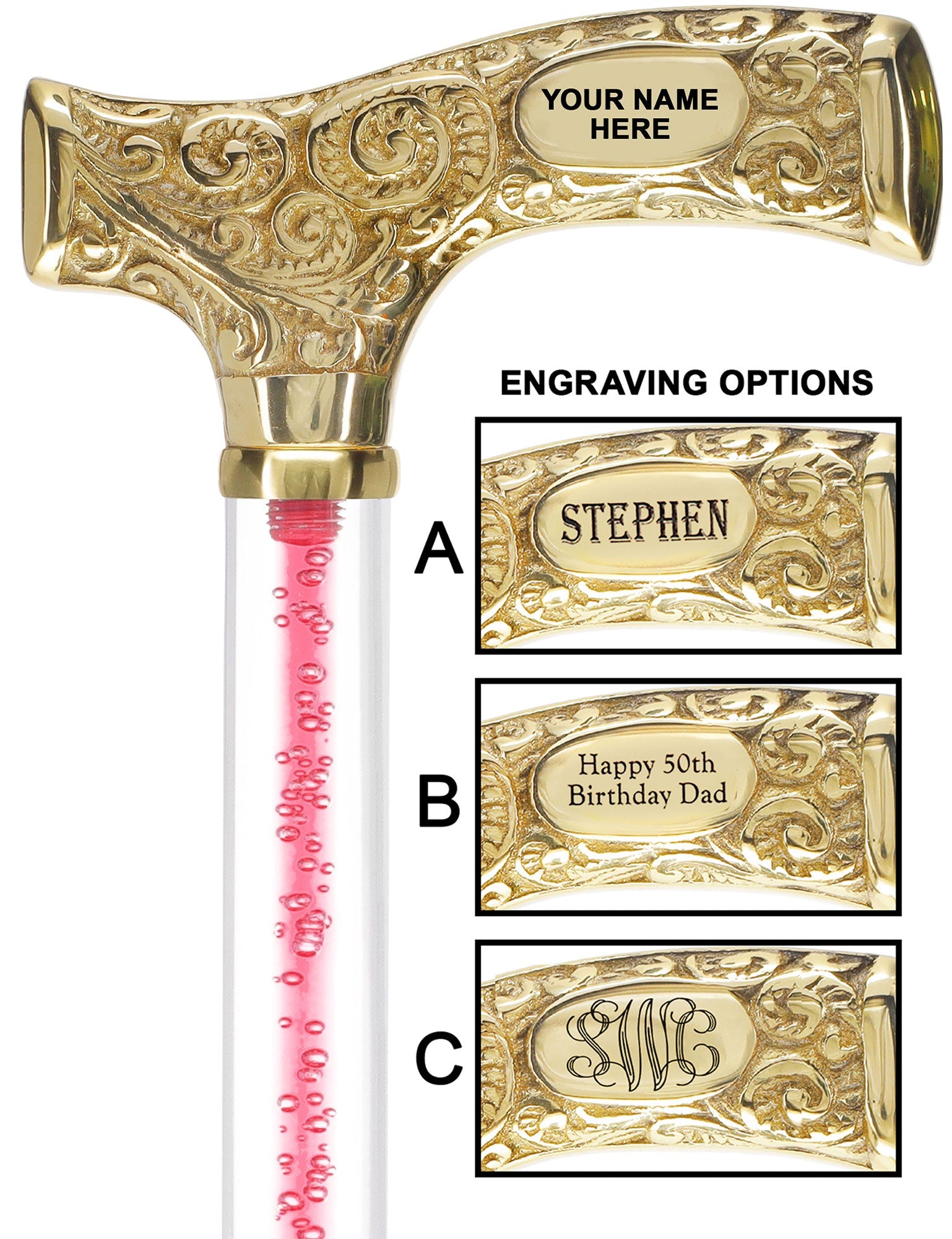 Make It Yours: Color Invisible Clear Shaft w/ Premium Brass Cane Pink Bubble Elegance Clear Lucite Walking Canes - Tophatter Daily Deals