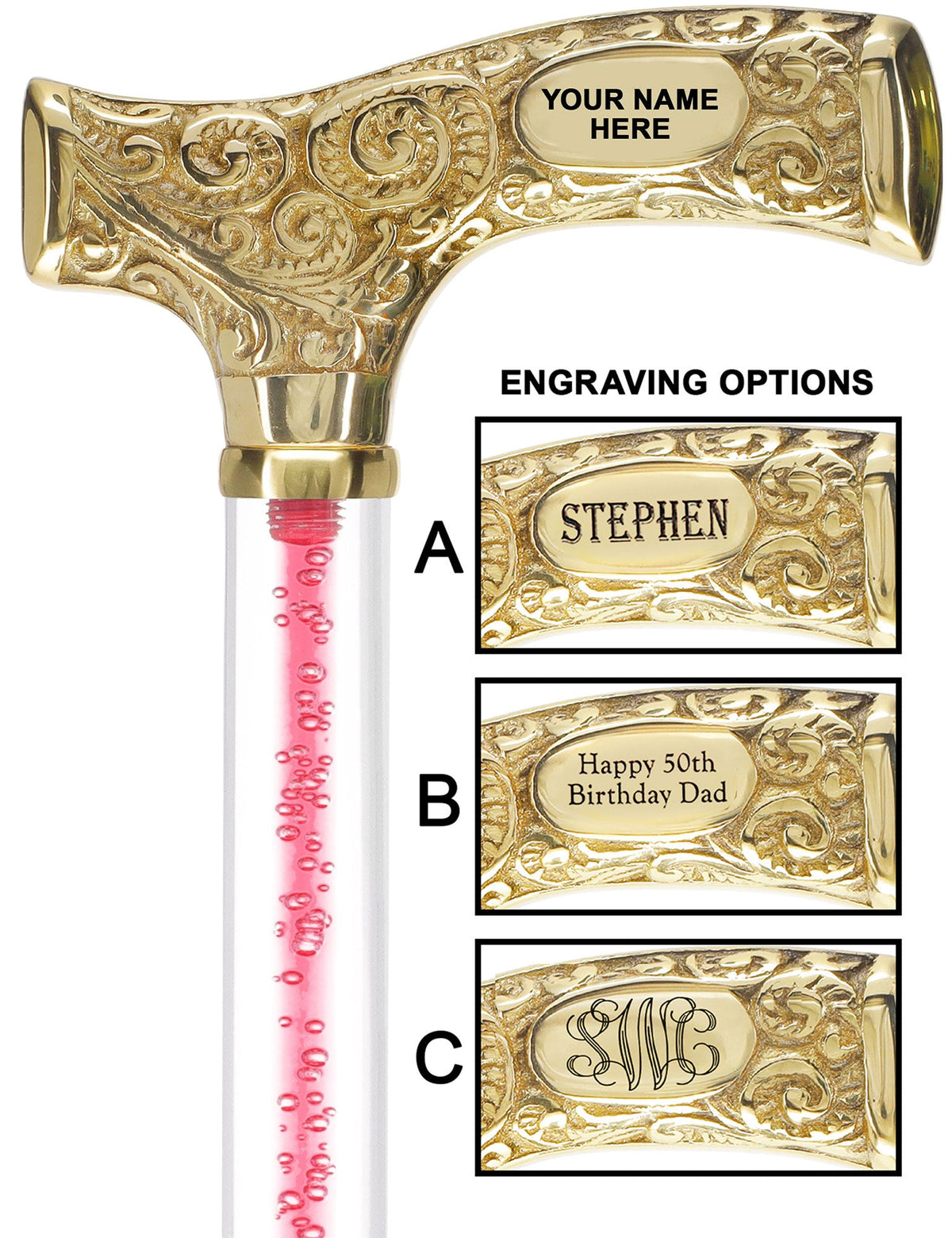 Make It Yours: Color Invisible Clear Shaft w/ Premium Brass Cane Pink Bubble Elegance Clear Lucite Walking Canes - Tophatter Daily Deals