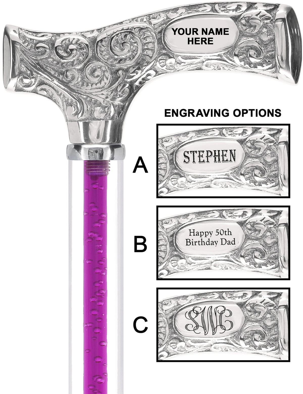 Make It Yours: Color Invisible Clear Shaft w/ Premium Chrome Brass Cane Purple Amethyst Trace Clear Lucite Walking Canes - Tophatter Daily Deals