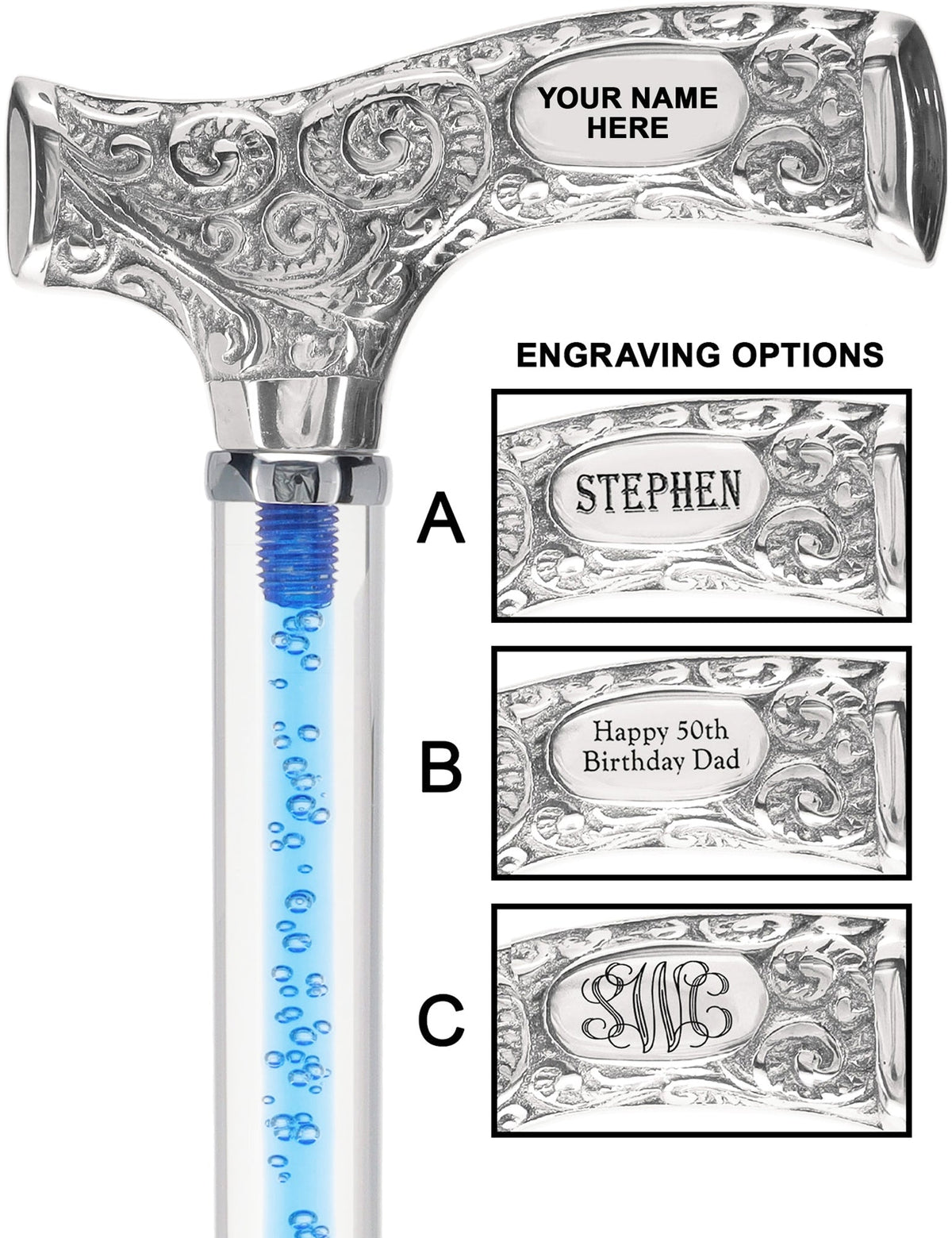 Make It Yours: Color Invisible Clear Shaft w/ Premium Chrome Brass Cane Ocean Blue Bubbles Clear Lucite Walking Canes - Tophatter Daily Deals