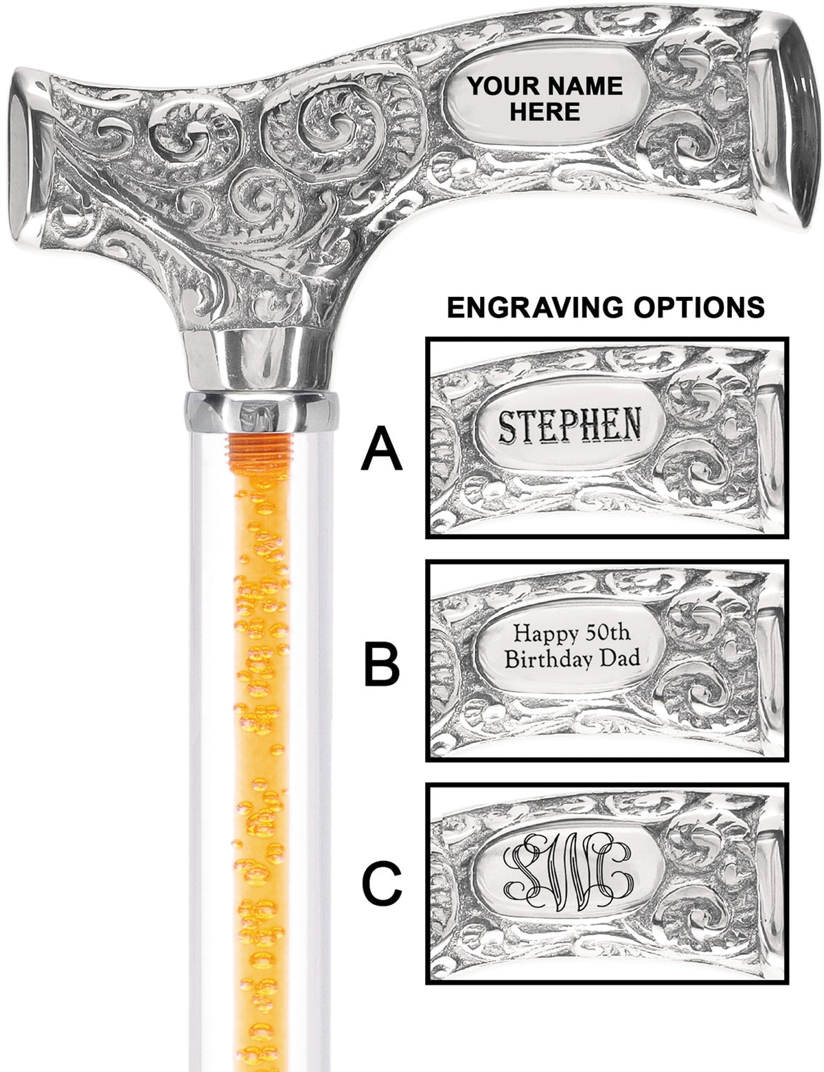 Make It Yours: Color Invisible Clear Shaft w/ Premium Chrome Brass Cane Bold Orange Clear Lucite Walking Canes - Tophatter Daily Deals