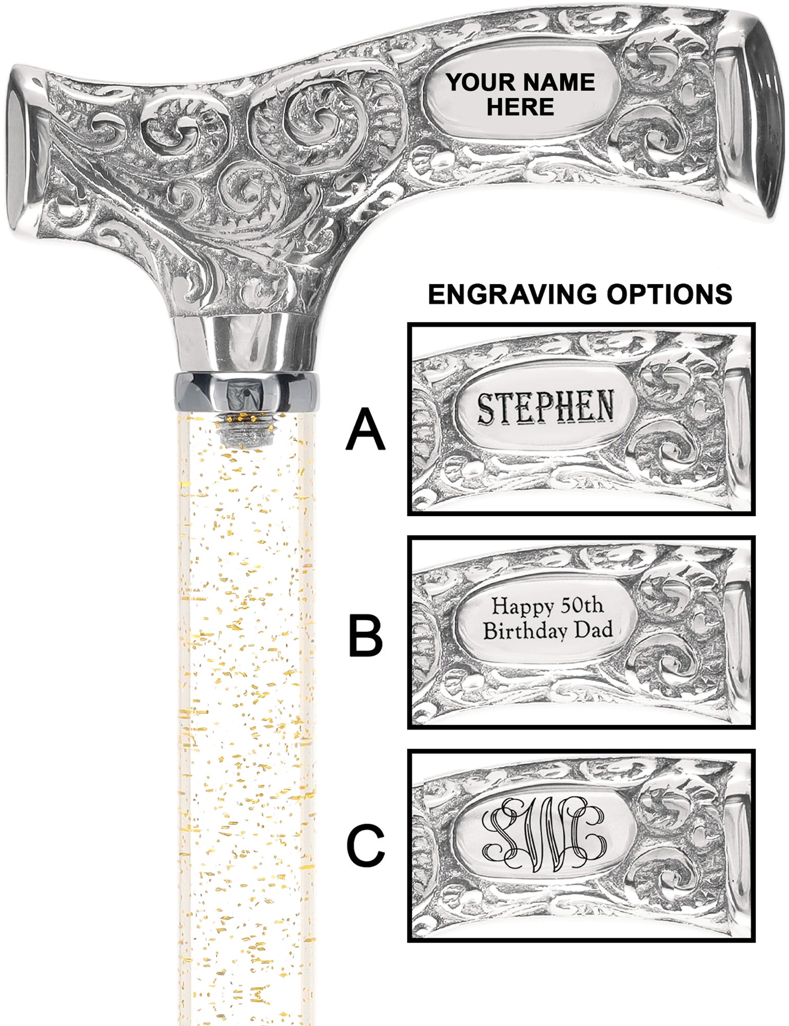 Make It Yours: Invisible Clear Shaft w/ Premium Chrome Brass Cane Gold Shimmer Sparkles Clear Lucite Walking Canes - Tophatter Daily Deals