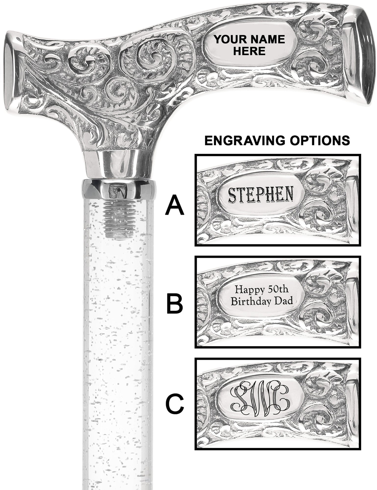 Make It Yours: Invisible Clear Shaft w/ Premium Chrome Brass Cane Silver Shimmer Sparkles Clear Lucite Walking Canes - Tophatter Daily Deals