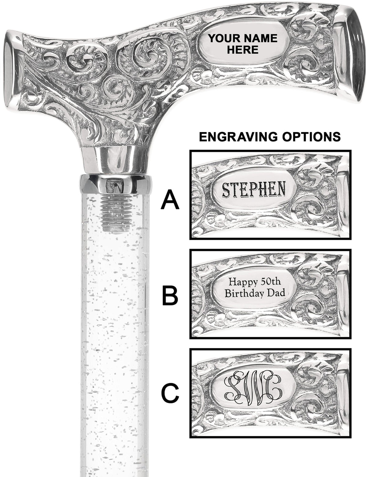Make It Yours: Invisible Clear Shaft w/ Premium Chrome Brass Cane Silver Shimmer Sparkles Clear Lucite Walking Canes - Tophatter Daily Deals