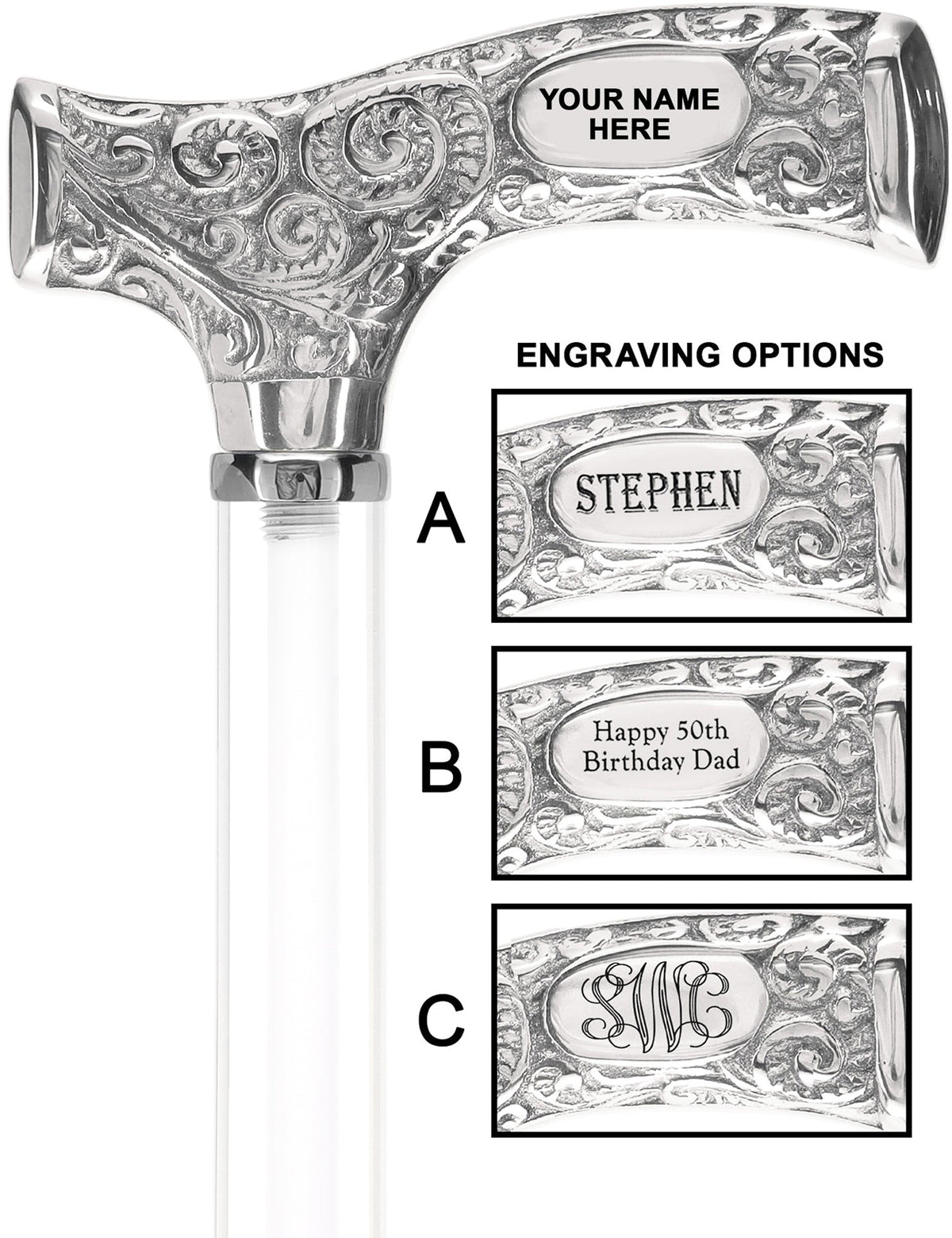 Make It Yours: Invisible Clear Shaft w/ Premium Chrome Brass Cane Porcelain In Ice Clear Lucite Walking Canes - Tophatter Daily Deals