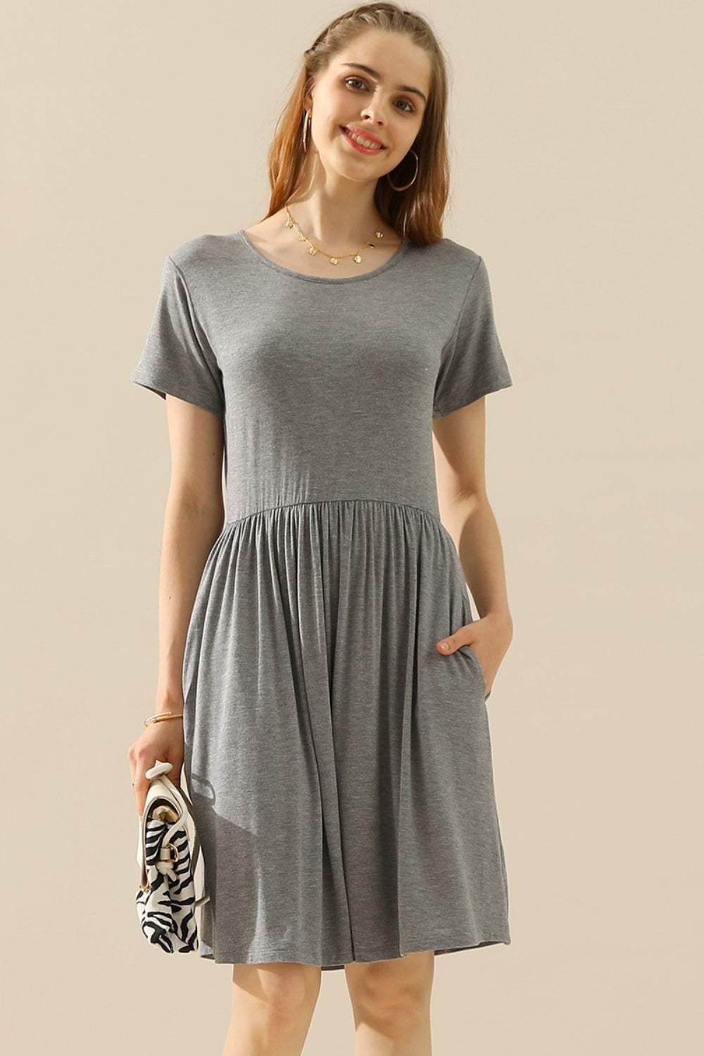 Ninexis Full Size Round Neck Ruched Dress with Pockets H GREY Cocktail Dresses - Tophatter Daily Deals