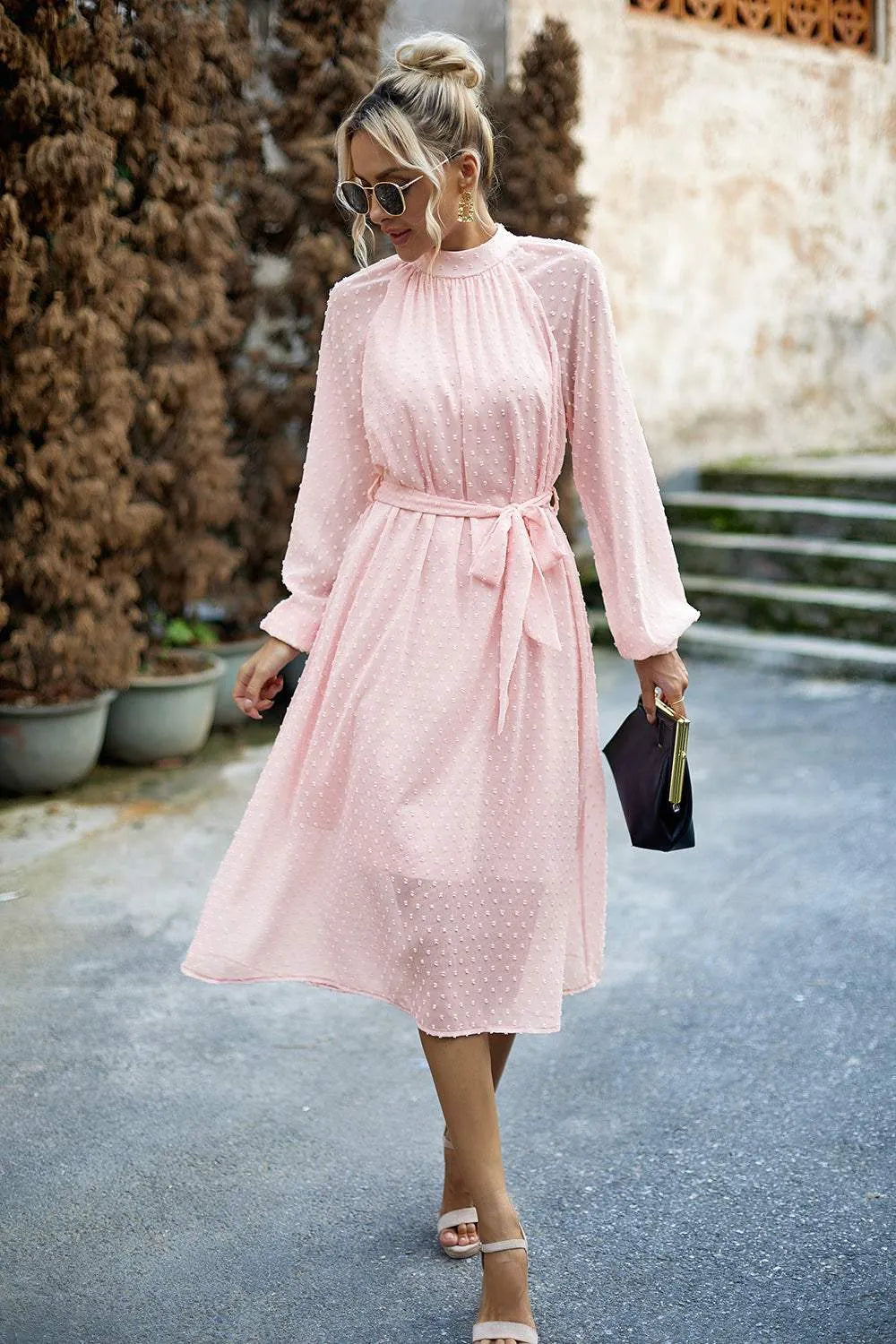 Swiss Dot Tie Waist Dress Casual Dresses - Tophatter Daily Deals