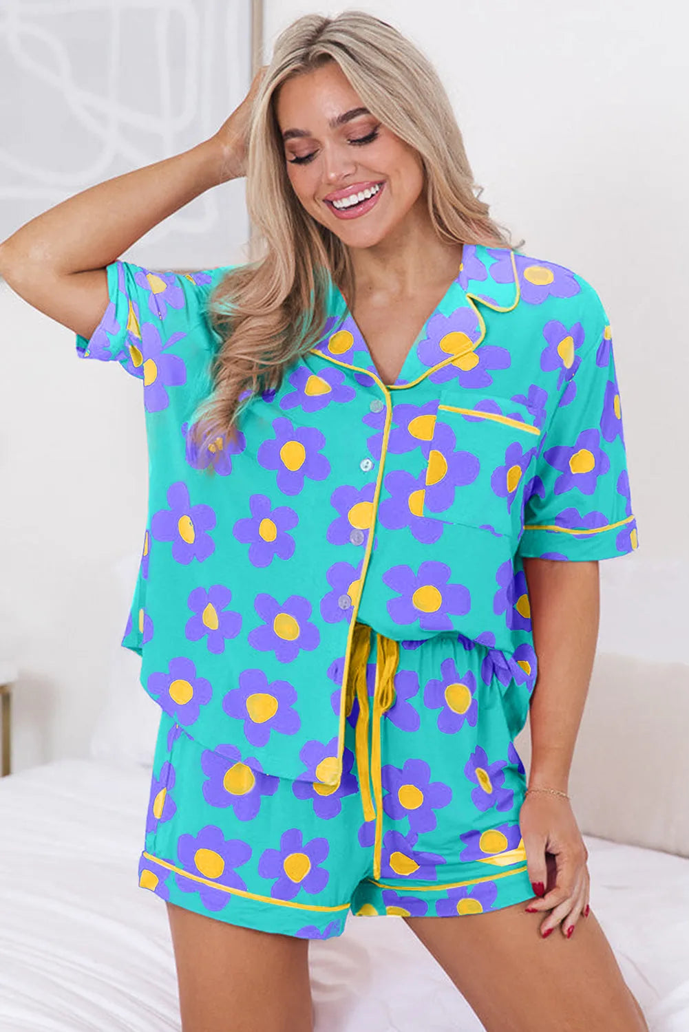Green Flower Print Short Sleeve Shirt Pajamas Set Loungewear & Sleepwear/Sleepwear - Tophatter Daily Deals