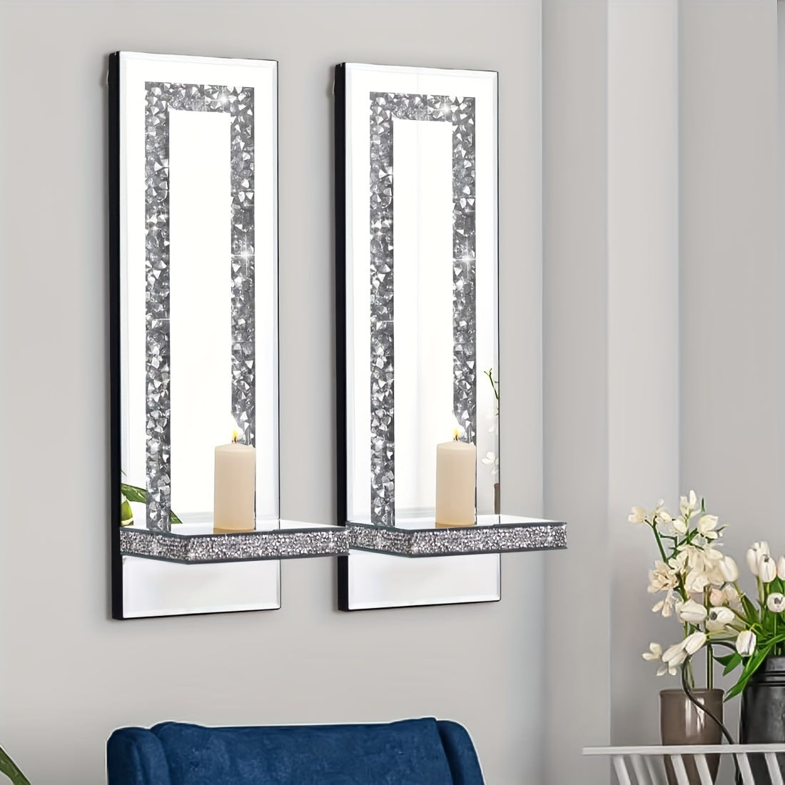 Wall Mirror Candle Holder Set with Silver Diamonds Home & Garden - Tophatter Daily Deals