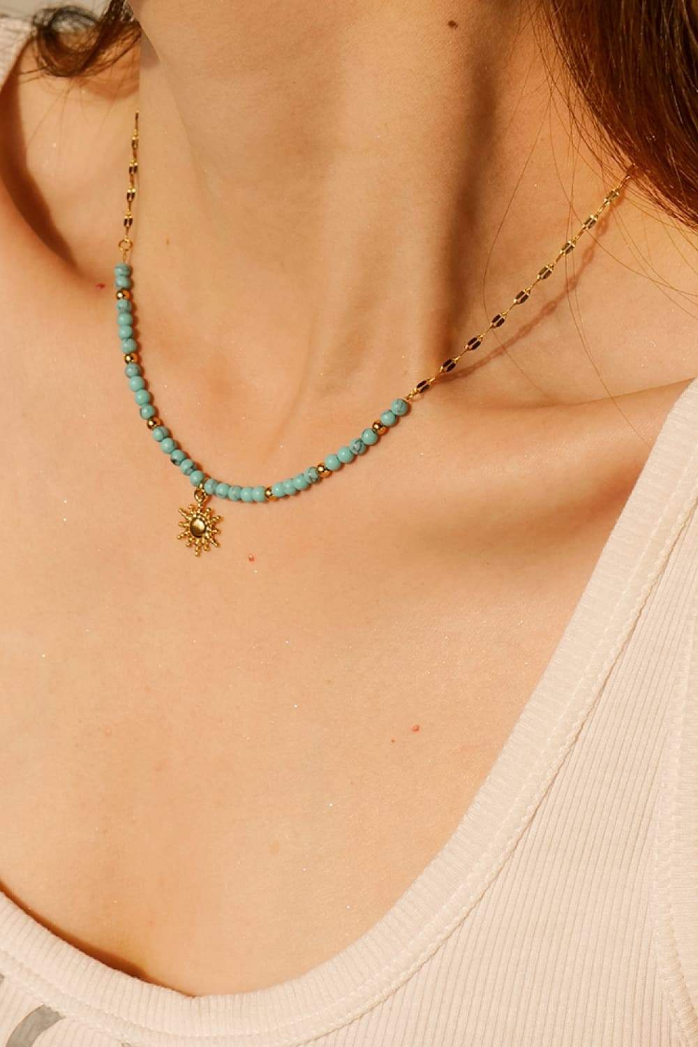 Turquoise Beaded 18K Gold-Plated Sun Shape Pendant Necklace Necklaces - Tophatter Daily Deals