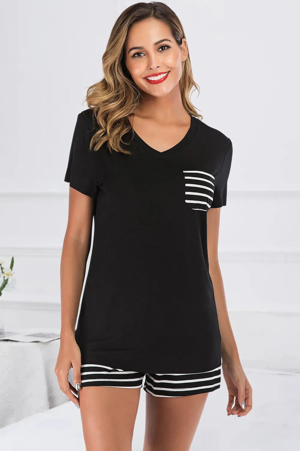 Striped Short Sleeve Top and Shorts Lounge Set Loungewear Sets - Tophatter Daily Deals