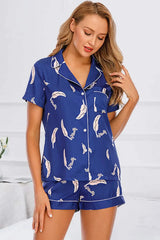 Printed Button Up Short Sleeve Top and Shorts Lounge Set Royal Blue Loungewear Sets - Tophatter Daily Deals