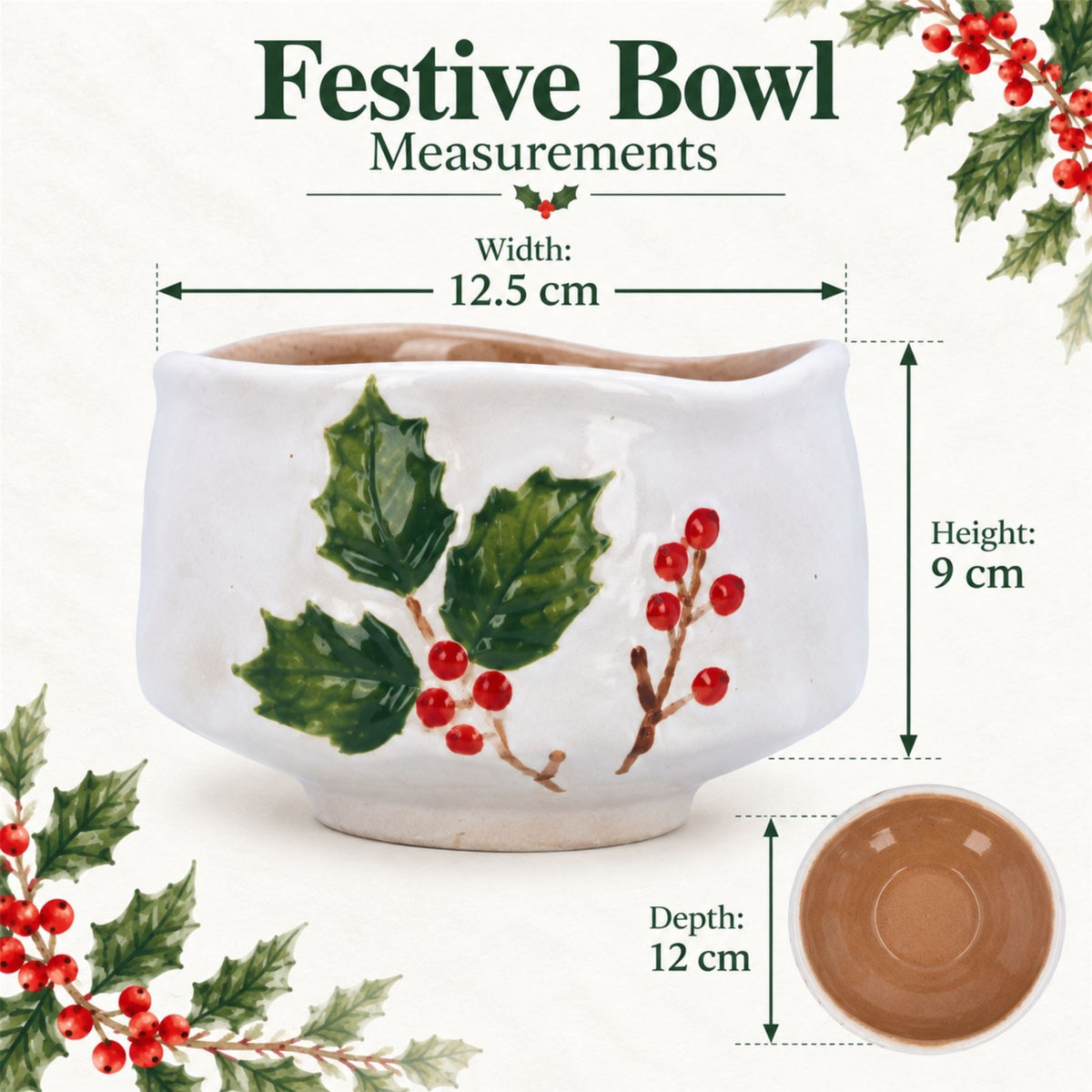 Holly & Berries Christmas Serving Bowl, Gisela Graham Ceramic 12.5cm Bowl - Tophatter Daily Deals