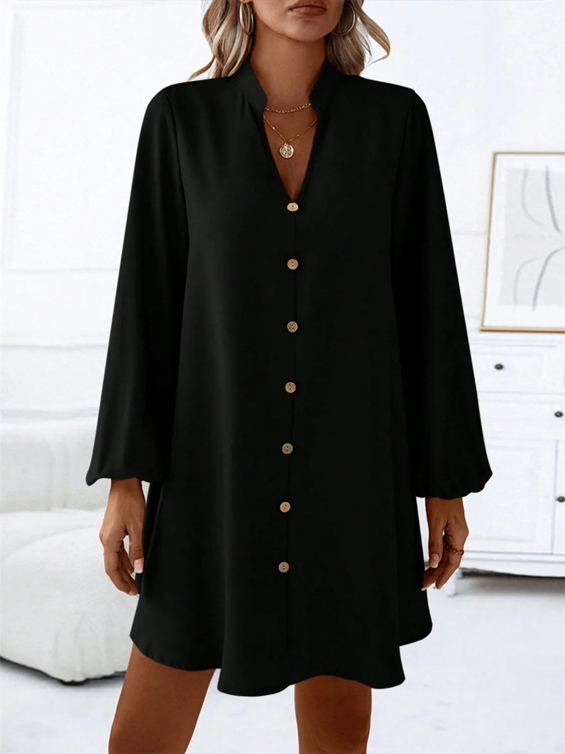 Notched Long Sleeve Mini Dress Casual Dresses - Tophatter Daily Deals