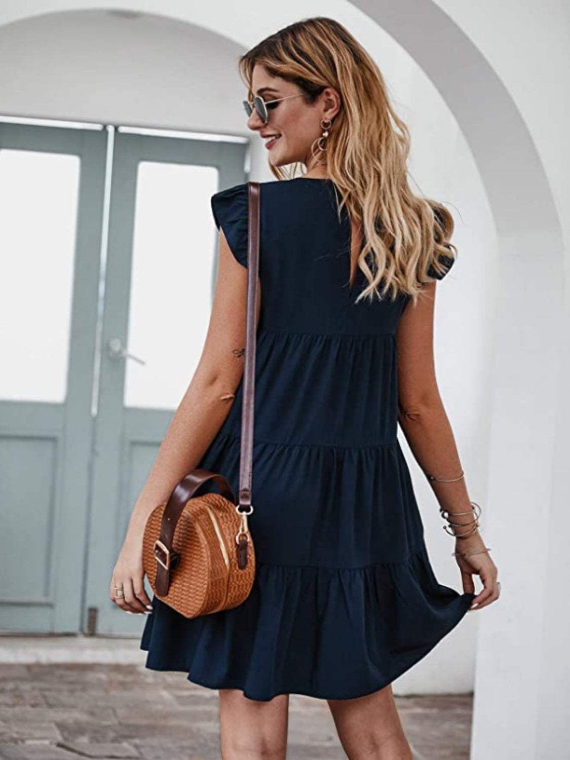 Ruffled Round Neck Cap Sleeve Mini Dress Casual Dresses - Tophatter Daily Deals