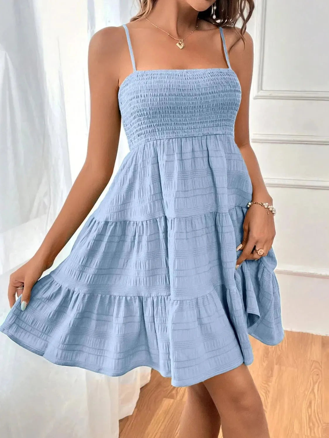Tiered Smocked Square Neck Cami Dress Light Blue Casual Dresses - Tophatter Daily Deals