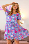 BiBi Floral Puff Sleeve Mini Dress Blue Pink Casual Dresses - Tophatter Daily Deals