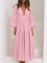 Deep V-Neck Balloon Sleeve Plain Maxi Dress Casual Dresses - Tophatter Daily Deals
