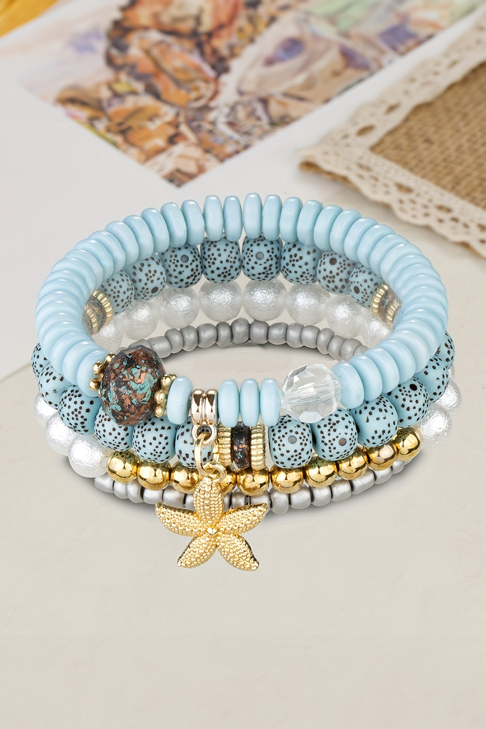 Light Blue 4pcs Starfish Pendant Beaded Bracelet Set Bracelets - Tophatter Daily Deals