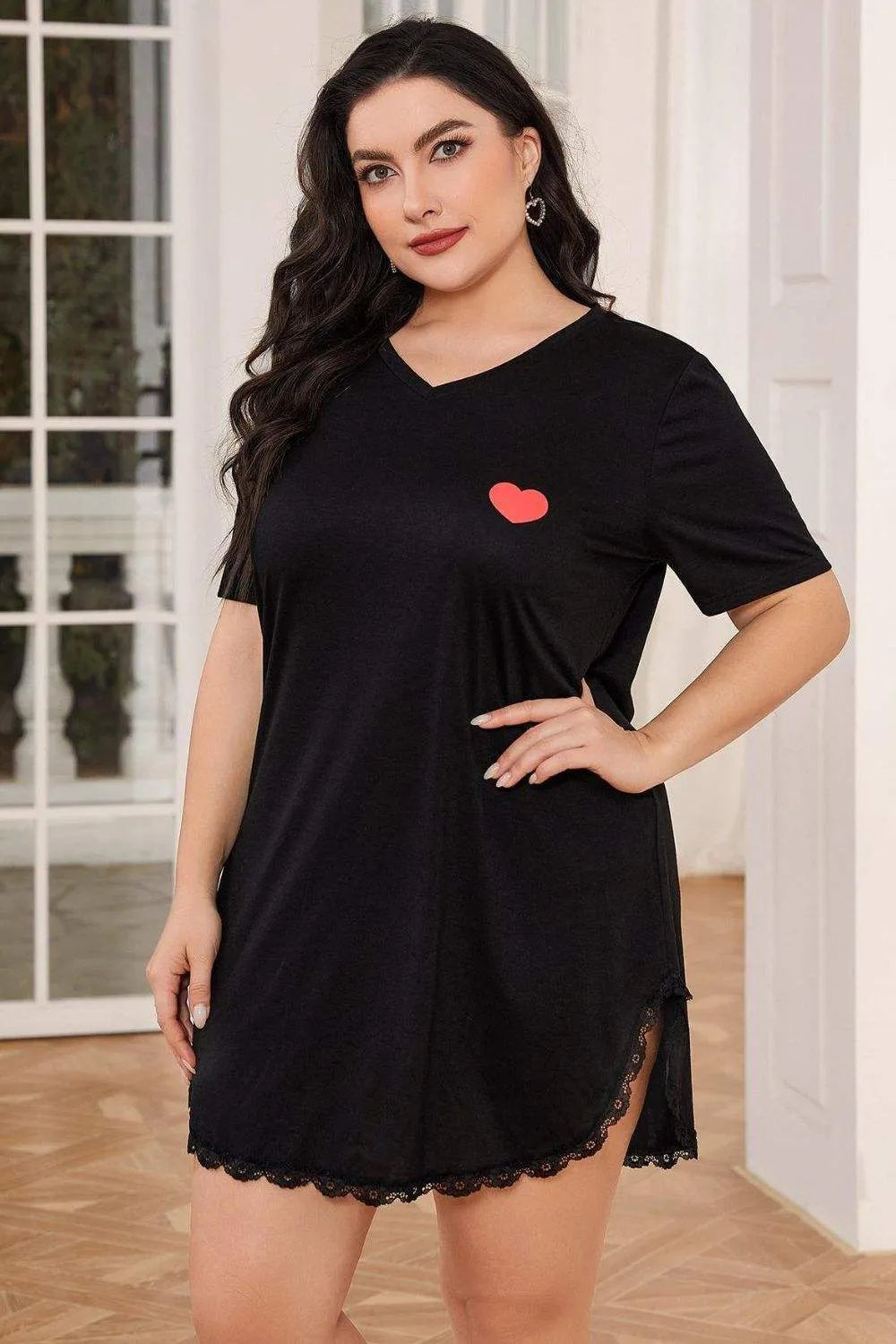 Plus Size Lace Trim V-Neck Short Sleeve Night Dress Sleep Dresses - Tophatter Daily Deals