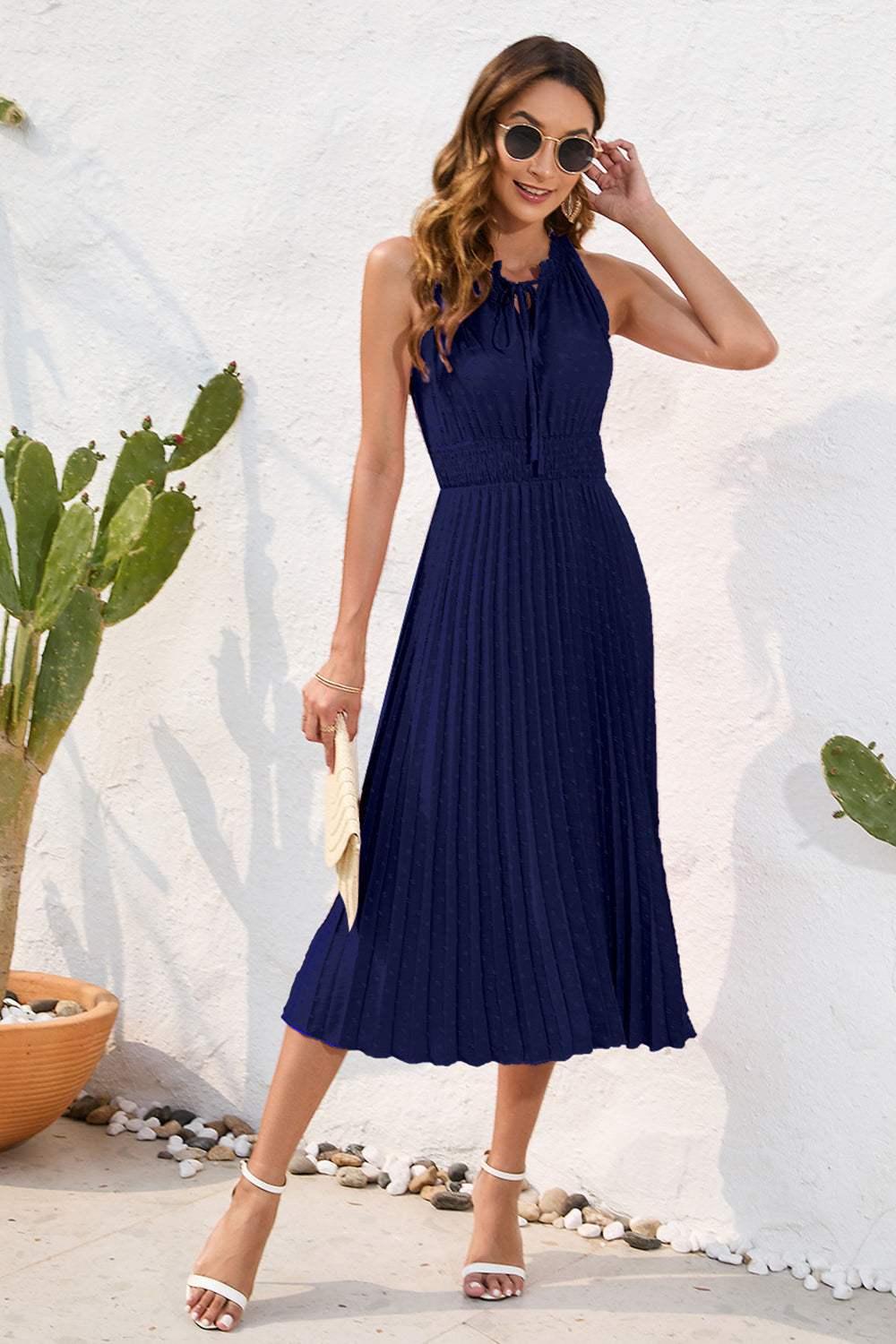 Swiss Dot Tie Neck Sleeveless Dress Casual Dresses - Tophatter Daily Deals