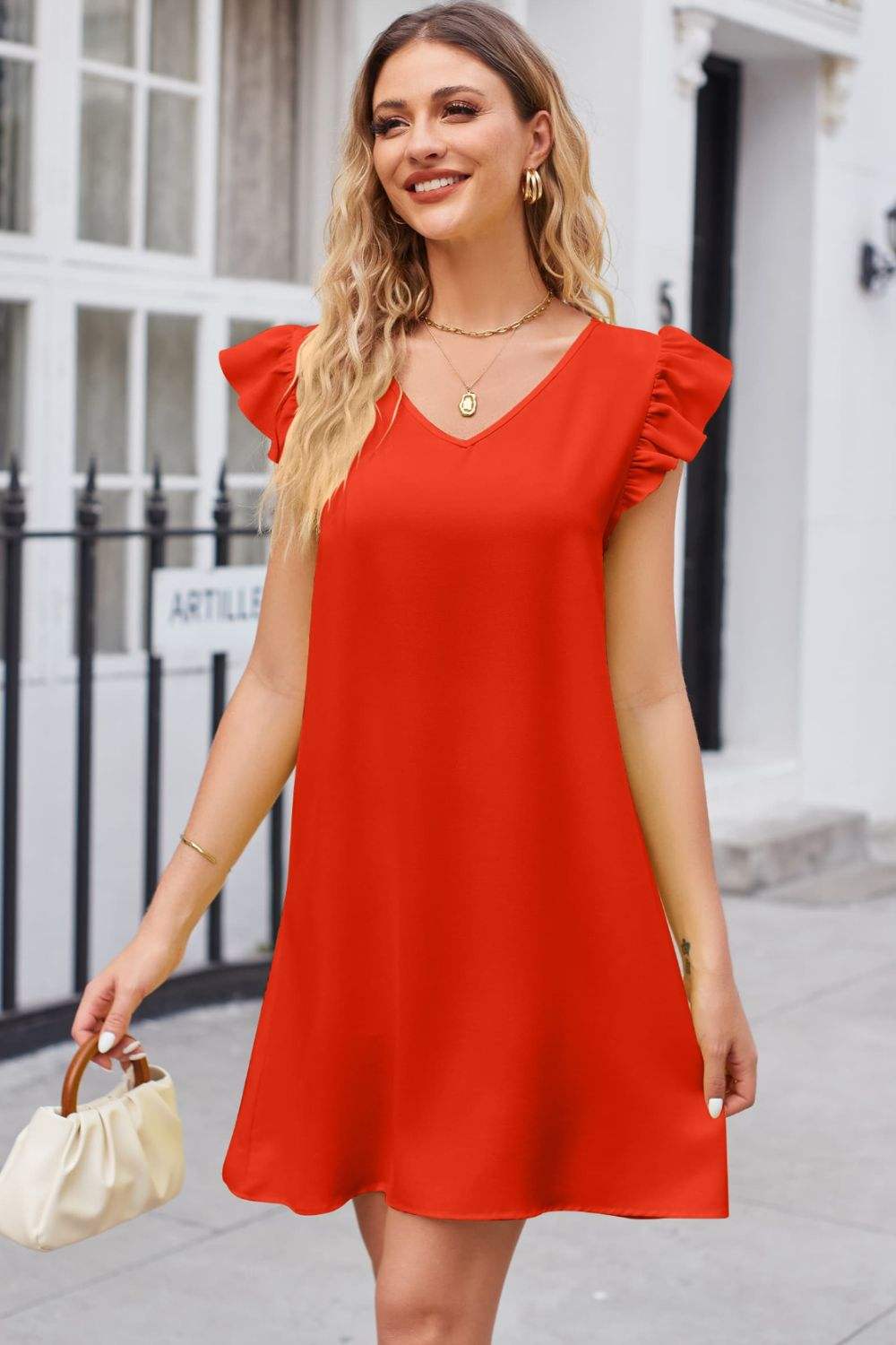 Ruffled V-Neck Flutter Sleeve Dress Red Orange Casual Dresses - Tophatter Daily Deals