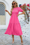 Smocked Round Neck Flounce Sleeve Midi Dress Casual Dresses - Tophatter Daily Deals