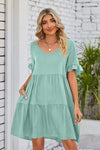 V-Neck Flounce Sleeve Tiered Dress Gum Leaf Casual Dresses - Tophatter Daily Deals