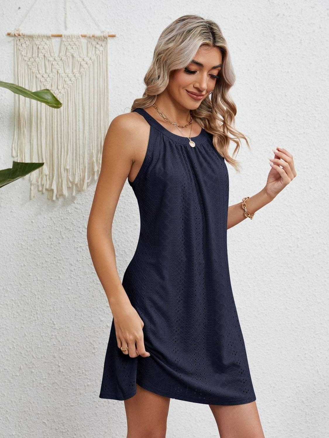 Eyelet Grecian Neck Mini Dress Casual Dresses - Tophatter Daily Deals