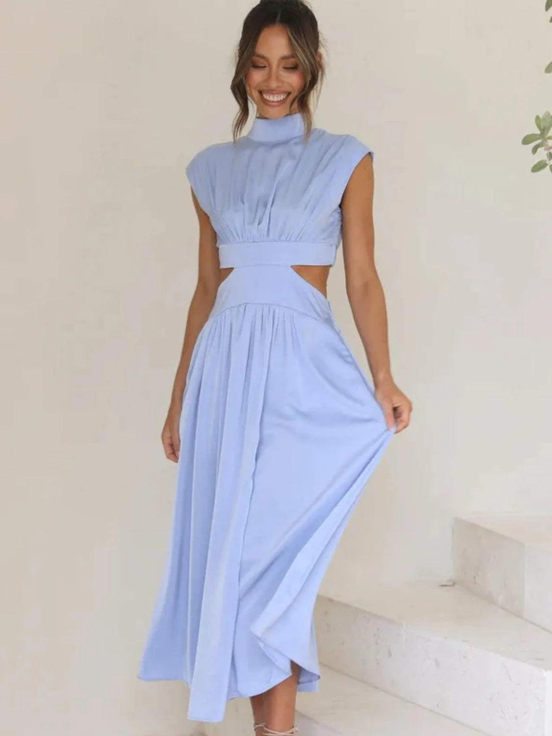 Cutout Mock Neck Sleeveless Ruched Dress Misty Blue Cocktail Dresses - Tophatter Daily Deals