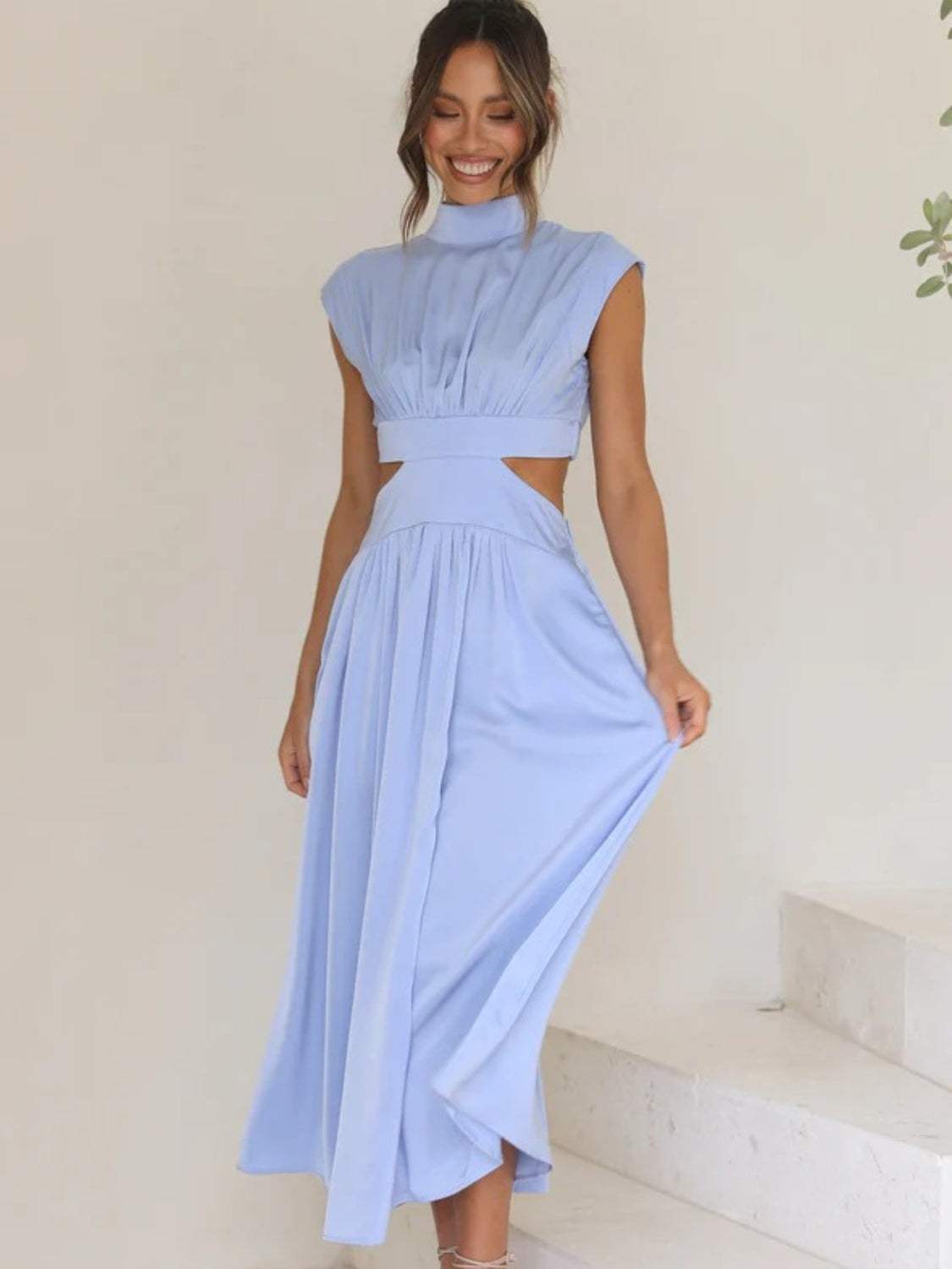 Cutout Mock Neck Sleeveless Ruched Dress Misty Blue Cocktail Dresses - Tophatter Daily Deals