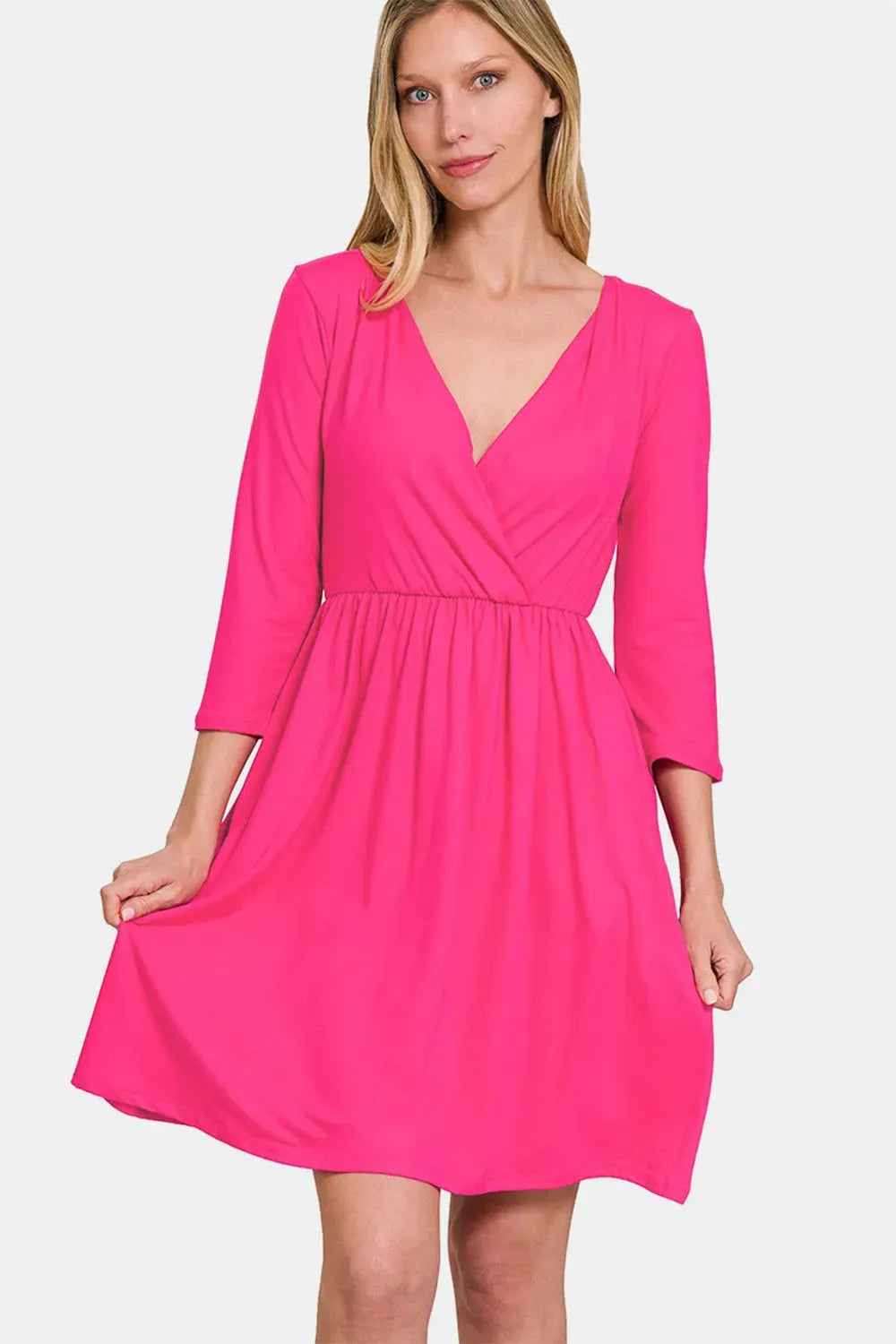 Zenana Three-Quarter Sleeve Surplice Dress with Pockets Hot Pink Casual Dresses - Tophatter Daily Deals