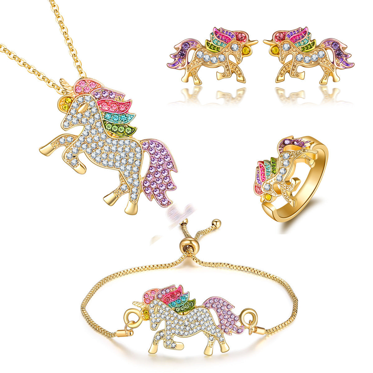 Colorful Cartoon-Themed Unicorn Earrings, Necklace, Ring & Bracelet Jewelry Set Gold Necklaces - Tophatter Daily Deals