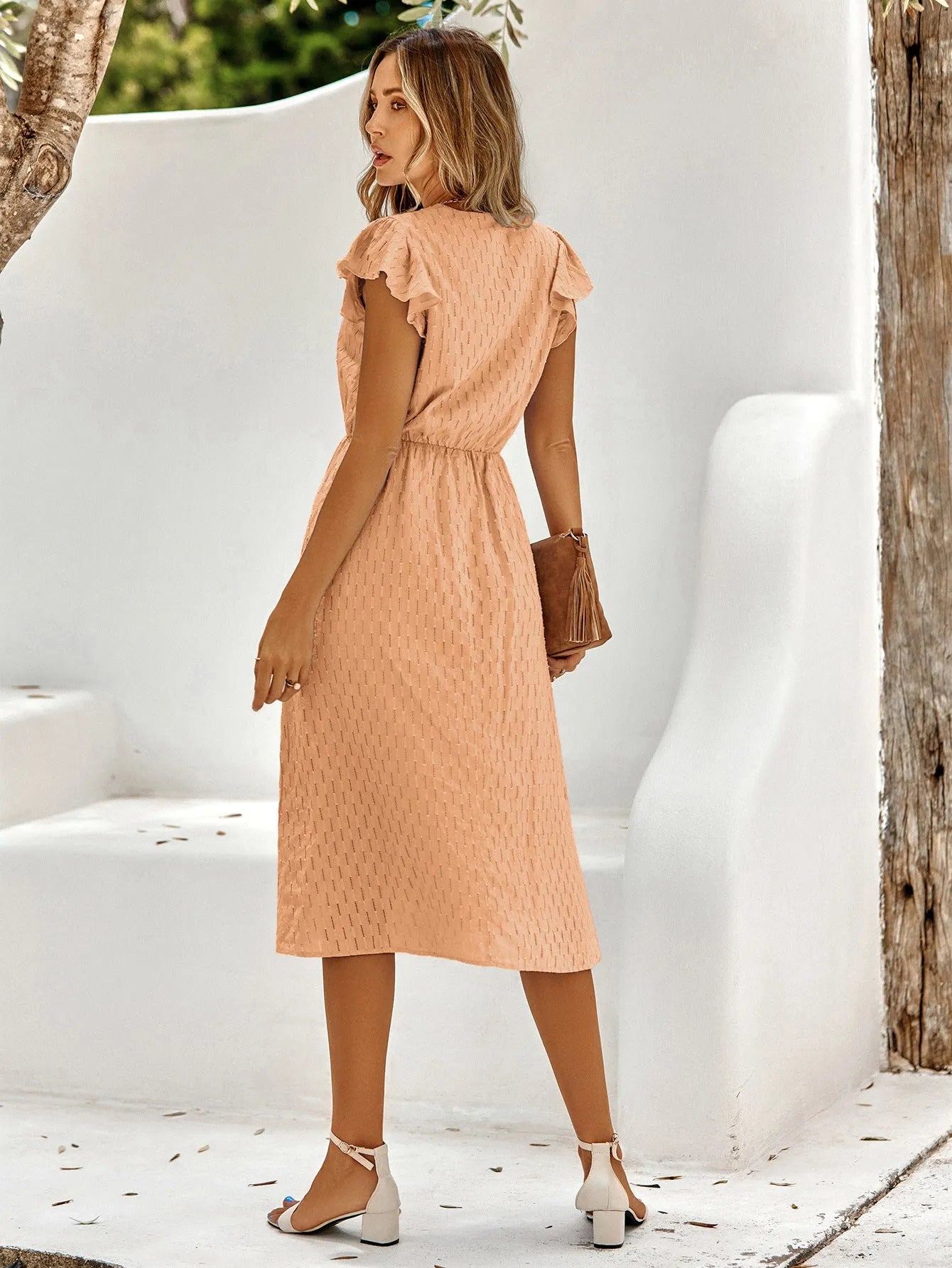 V-Neck Flutter Sleeve Midi Dress Casual Dresses - Tophatter Daily Deals