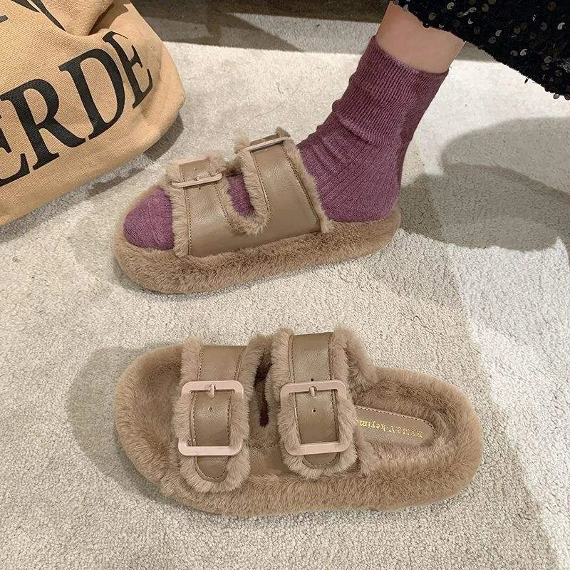 Women's Fashion All-match Furry Fleece-lined Belt Buckle Cotton Slippers Khaki Humidifier - Tophatter Daily Deals
