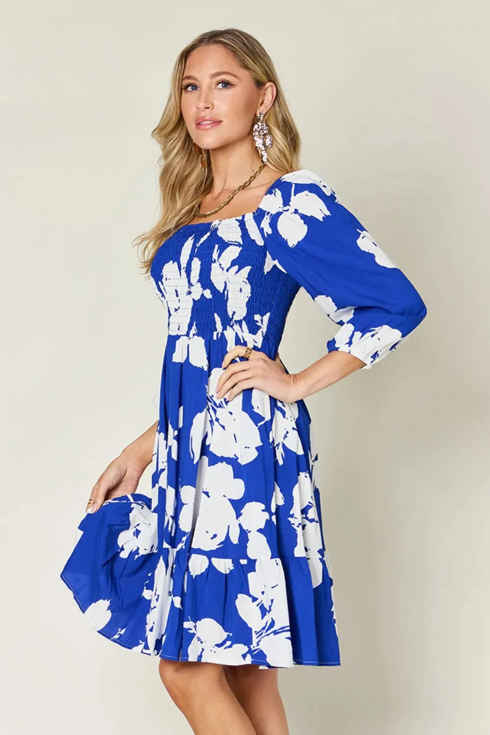 Double Take Full Size Floral Ruffle Hem Smocked Dress Casual Dresses - Tophatter Daily Deals