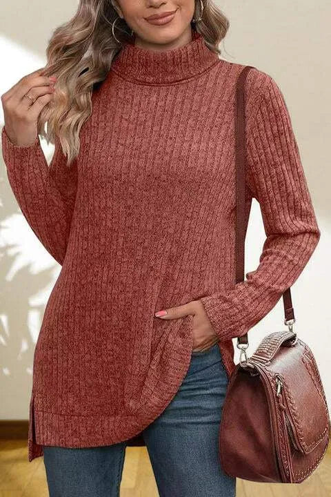 Turtleneck High Low Top Red Orange Blouses - Tophatter Daily Deals