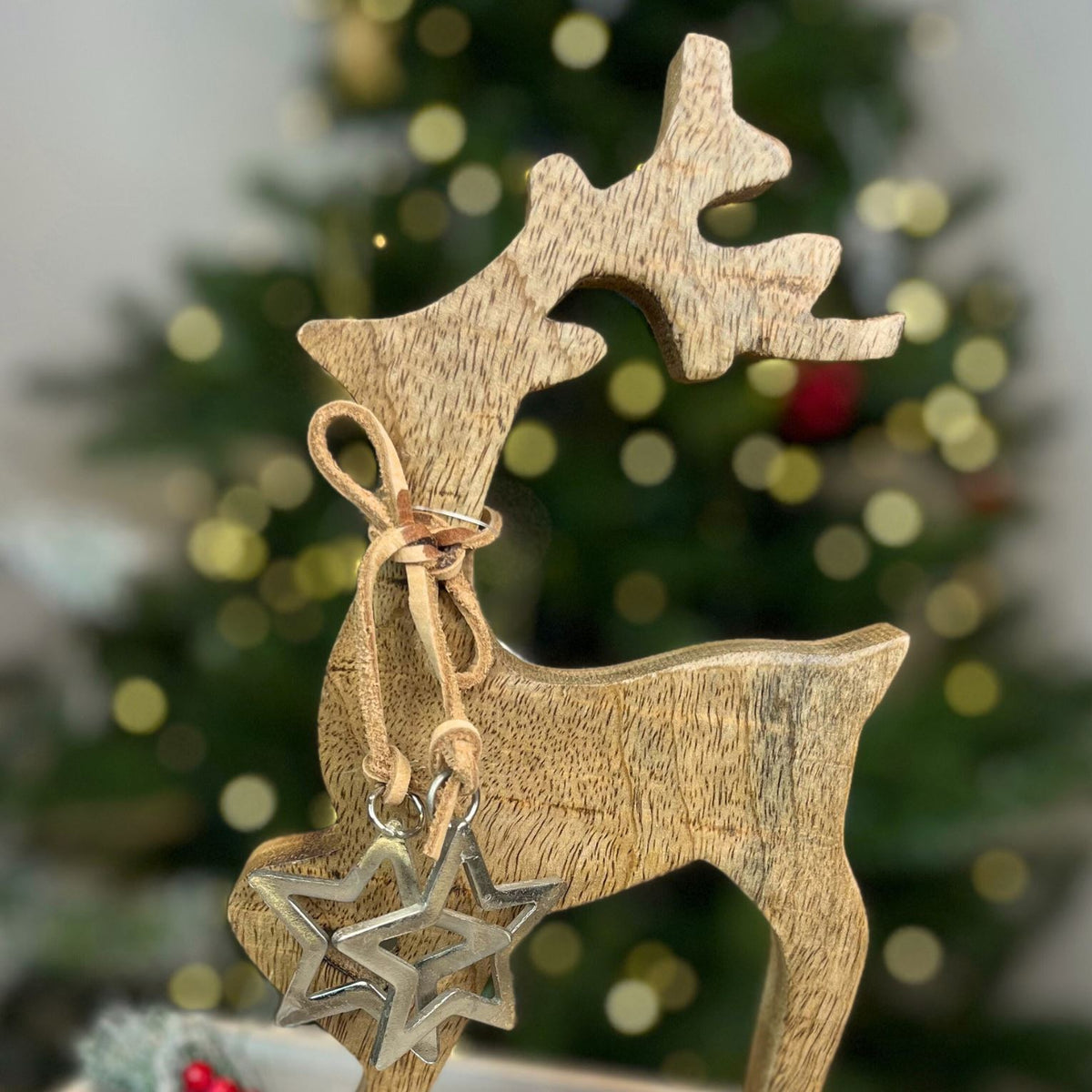 Rustic Wooden Reindeer Ornament | Christmas Deer Sculpture on Wooden Base - 26cm Ornament - Tophatter Daily Deals