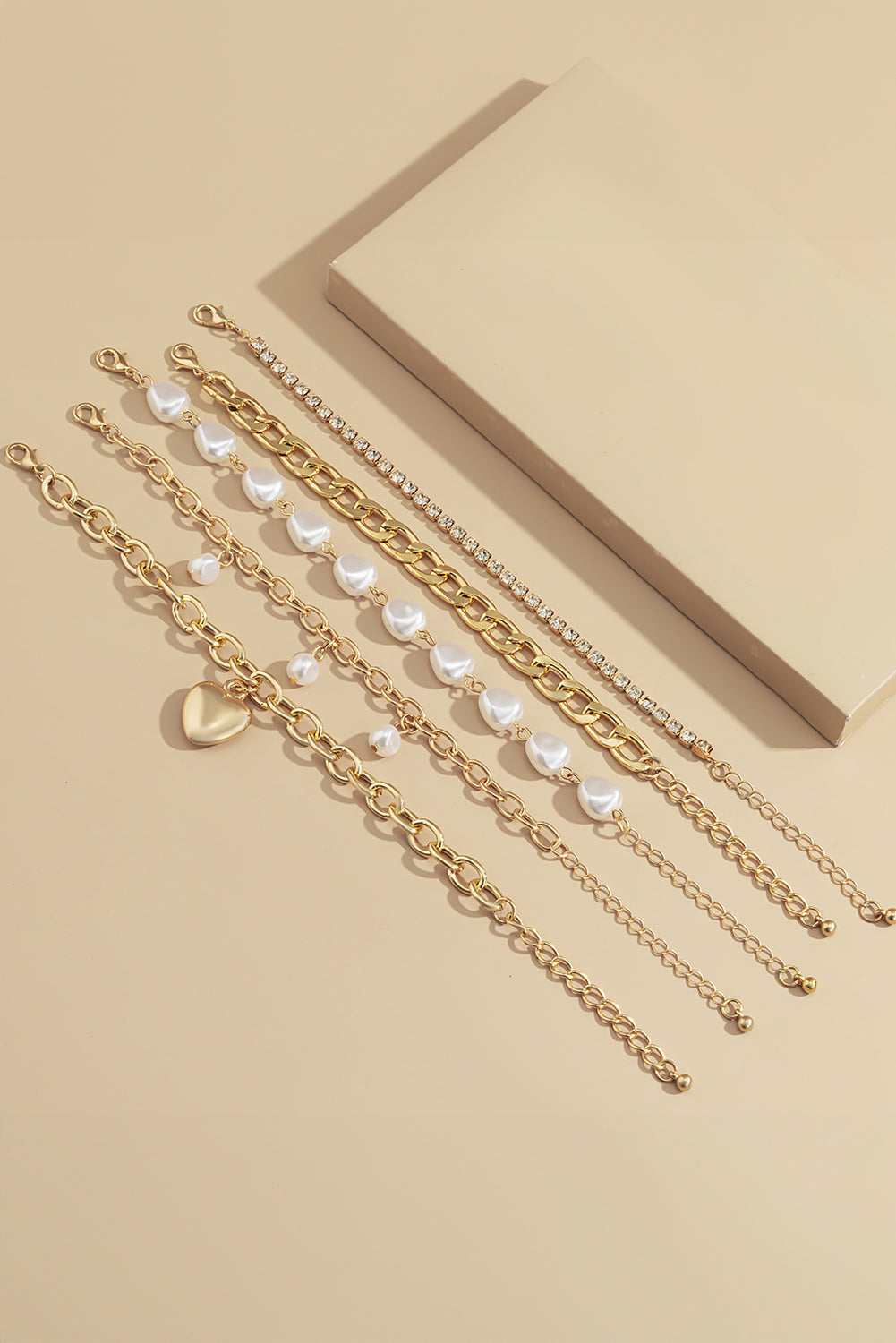 Gold 5Pcs Pearl Heart Diamond Bracelet Set Bracelets - Tophatter Daily Deals