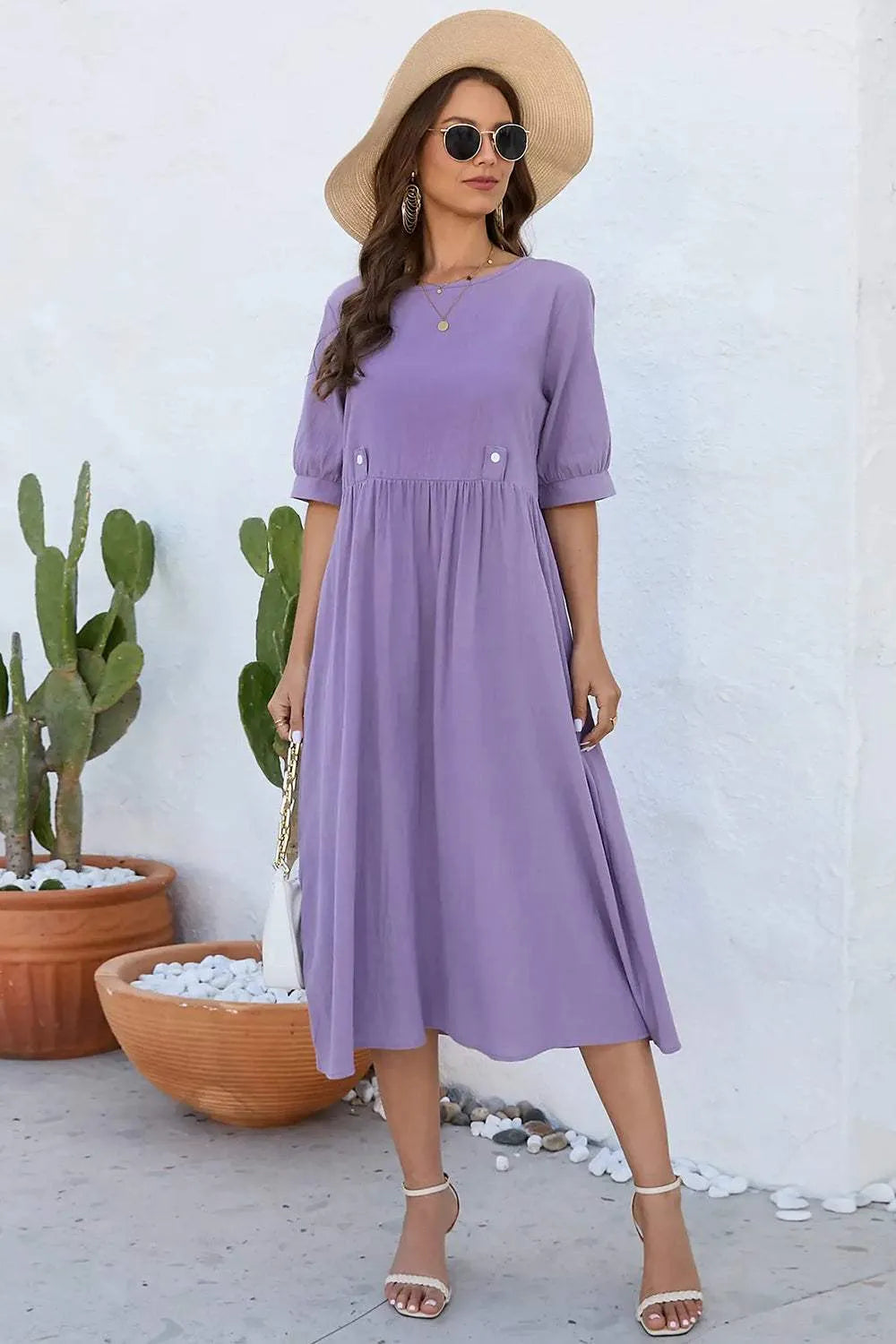 Decorative Button Round Neck Half Sleeve Dress Casual Dresses - Tophatter Daily Deals