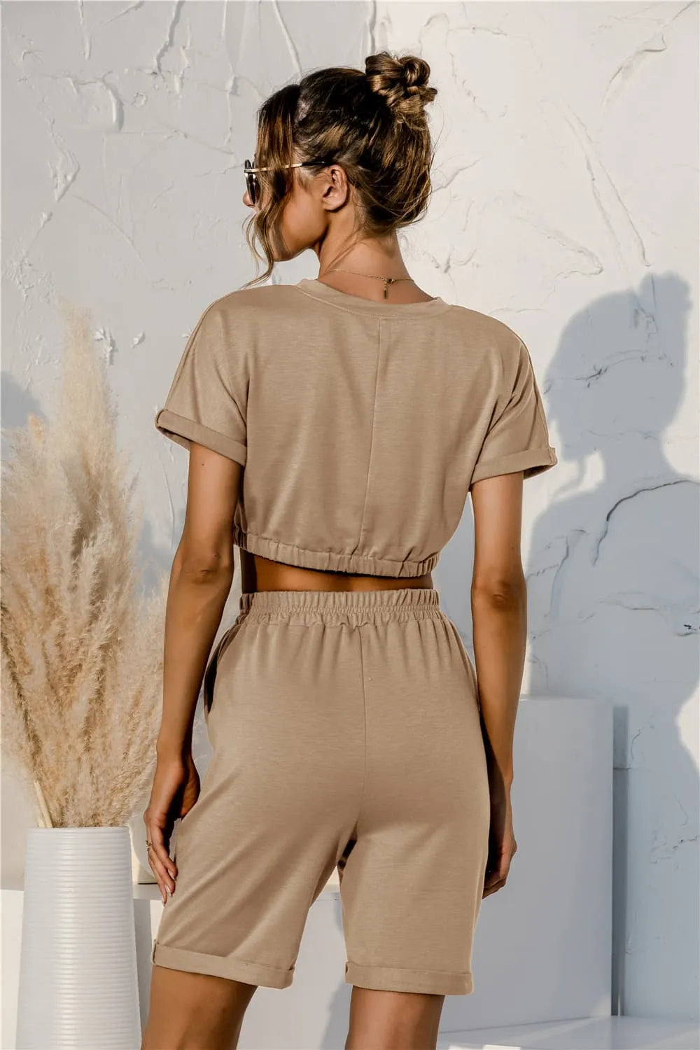 Short Sleeve Cropped Top and Drawstring Shorts Lounge Set Loungewear Sets - Tophatter Daily Deals