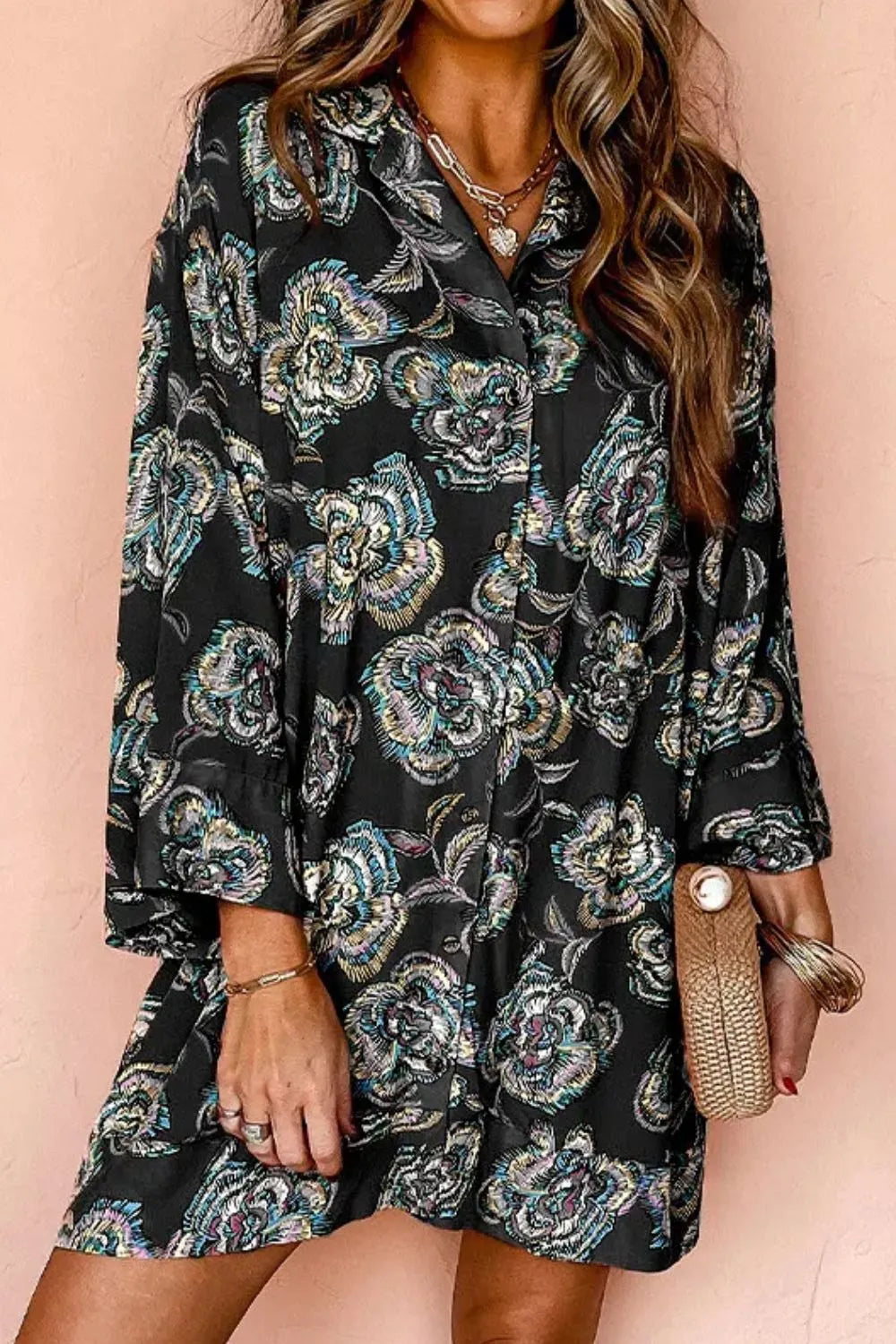 Printed Button Up Three-Quarter Sleeve Shirt Dress Black Casual Dresses - Tophatter Daily Deals