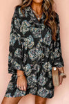 Printed Button Up Three-Quarter Sleeve Shirt Dress Black Casual Dresses - Tophatter Daily Deals