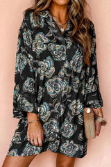 Printed Button Up Three-Quarter Sleeve Shirt Dress Black XL Casual Dresses - Tophatter Daily Deals