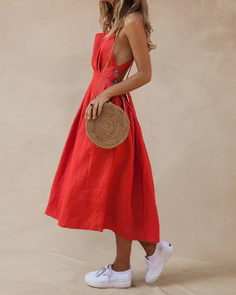 Strap Button Waist Pleated Dress Red Maxi Dresses - Tophatter Daily Deals
