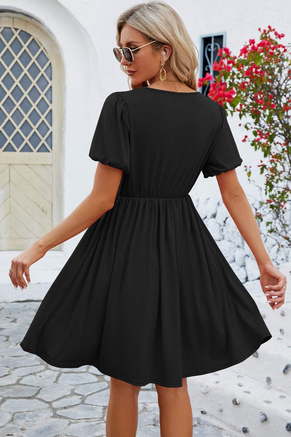 V-Neck Balloon Short Sleeve Dress Casual Dresses - Tophatter Daily Deals