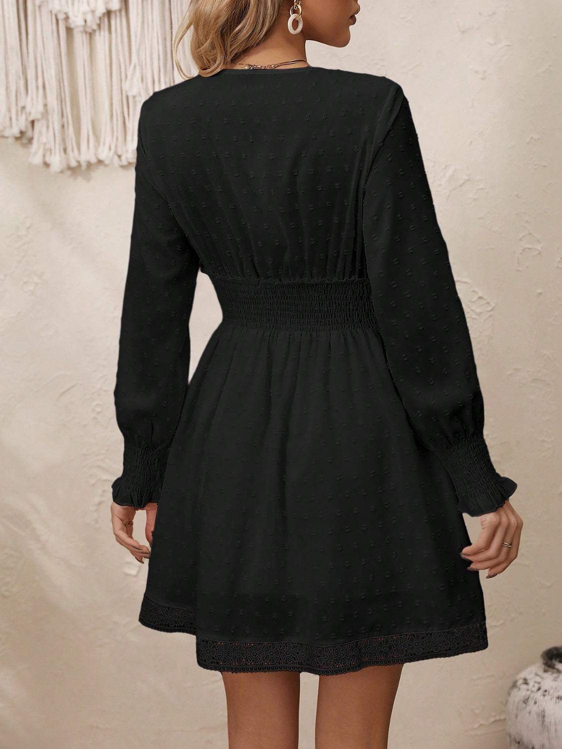 Lace Detail V-Neck Long Sleeve Dress Casual Dresses - Tophatter Daily Deals