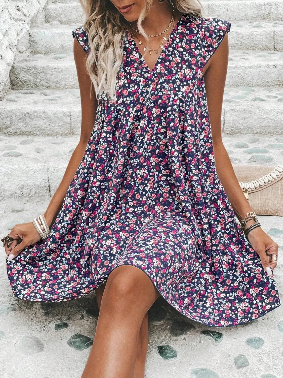 Printed V-Neck Cap Sleeve Mini Dress Casual Dresses - Tophatter Daily Deals