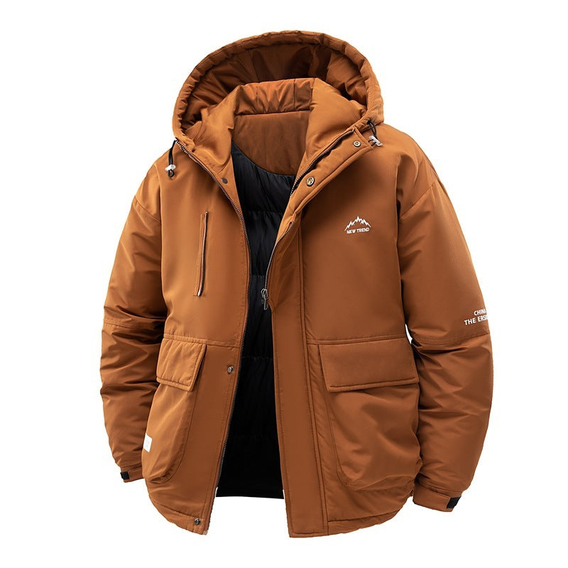 Warm Men's Puffer Jacket - Hooded Short Parka, Cotton Brown 3D Changing Face Moving Picture Frame - Tophatter Daily Deals